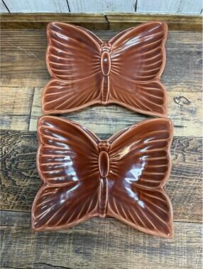 Vtg Lot Of 2 Butterfly Tray Trinket Dish 60-70s MCM Ceramic Red-Brown 6.5” Japan